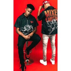 Mixed Emotion Angels Shirt Black Full Zip Short Sleeve Cupid Top Men Sz M 1422R4